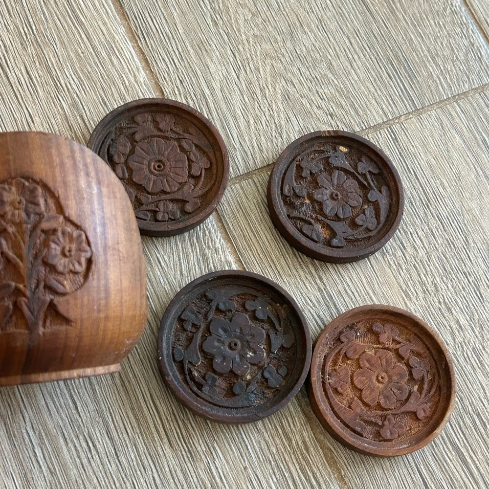 Hand carved wooden floral coasters - set of 4